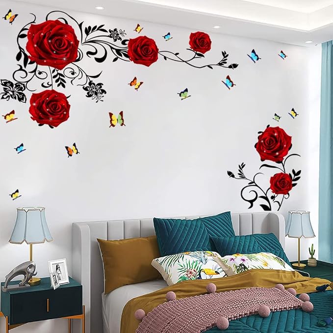Supzone Red Rose Wall Stickers Rose Flower Vine Wall Decal Purple Peony Floral Wall Decor DIY Vinyl Mural Art for Bedroom Living Room Sofa Backdrop - Image 3