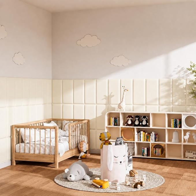 Anti Collision Wall Padding for Kids, Upholstered 3D Wall Panels | 4 Packs 7.8'' x 15.7'' Peel and Stick Headboard, Self Adhesive Wall Pads for Kids, Bedroom, Living Room, Beige White - Image 6