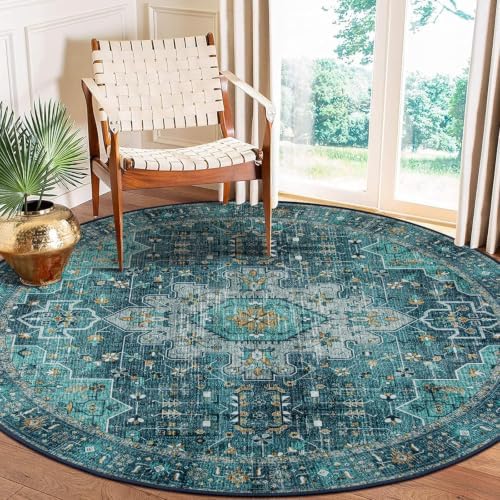 Moynesa Ultra-Thin Washable Round Rug - 6ft Teal Large Living Room Circle Area Rugs, Vintage Dining Room Mat Stain Resistant Nursery Carpet for Bedroom Mudroom Kitchen Apartment Home Office by Moynesa