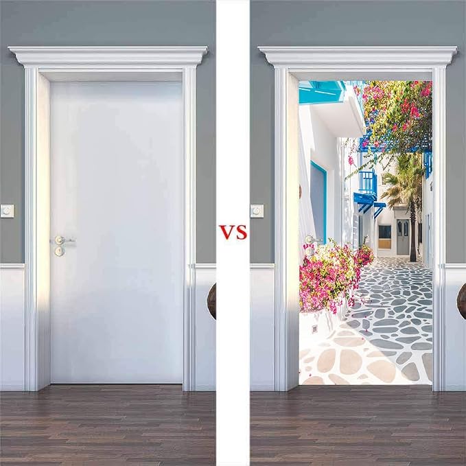 artfanke 3D Peel and Stick Door Sticker 33.5"x84.6"- Self-Adhesive Door Wallpaper Murals Decal-Romance Greek Street View Wall Poster for Home Decor (2 Sheets/Set) - Image 2