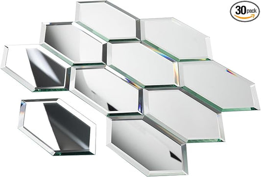 Peel and Stick Beveled Mirror Tile, 4x6 Inch Mirror Backsplash Tiles Long Hexagon for Kitchen Bathroom Wall Light Antique 30 Pcs, 4.8 SQ.FT by Soulscrafts