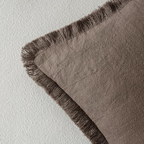 MIULEE Boho Linen Fringe Decorative Fall Throw Pillow Covers Coffee 20x20 - Image 3