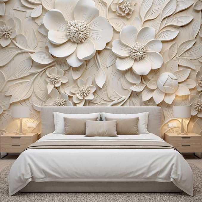 3D Relief Floral Peel and Stick Mural Wallpaper Magnolia Wall Mural | 137"x96", Self Adhesive Canvas, for Bedroom Living Room Bathroom, Seamless, No overlapping by LOOWAP