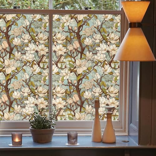White Magnolia Floral Tree Light Blule Window Films Decorative Double-Side Privacy Film Self-Adhesive Static Glass Window Clings Stickers for Living Room Bathroom Glass Windows Decor - Image 3