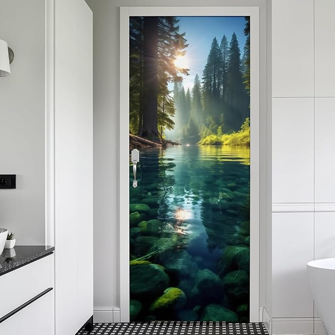 REDAMANCY Blue Green Forest River Jungle Landscape Peel and Stick Door Stickers Vinyl 3D Door Mural Decals Decor Modern Door Wallpaper Self-Adhesive, Waterproof, Removable by Unknown