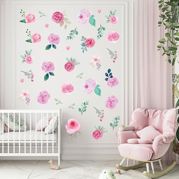 114 PCS Aesthetic Peel & Stick Watercolor Pink Flowers Wall Decals Set | 12 Sheets Removable Rose & Peony Floral Wall Stickers for Nursery, Girls Room, Living Room & Wedding Backdrops Decor by Qaxrocyn