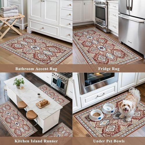 Washable Non-Slip Kitchen Rugs Set of 3 – Boho Soft Mats and Runner for Bathroom, Entryway, Hallway Room – Stain-Resistant Low-Pile Indoor Carpet (Red, 2x3+2x4+2x5) - Image 5