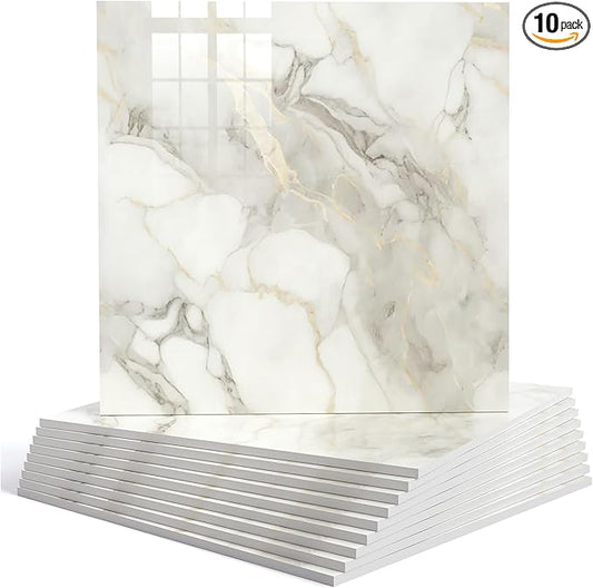 10pcs Marble Peel and Stick Backsplash Wall Tiles, Waterproof Shower Wall Panels, 11.8"x11.8" Peel and Stick Tile for Home Bathroom, Kitchen, Washroom, Living Room, White and Gold (Not Real Tile) by HomeUpgradeMadeSimple