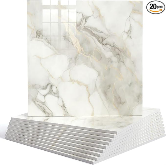 20pcs Marble Peel and Stick Backsplash Wall Tiles, Waterproof Shower Wall Panels, 11.8"x11.8" Peel and Stick Tile for Home Bathroom, Kitchen, Washroom, Living Room, White and Gold (Not Real Tile) by HomeUpgradeMadeSimple