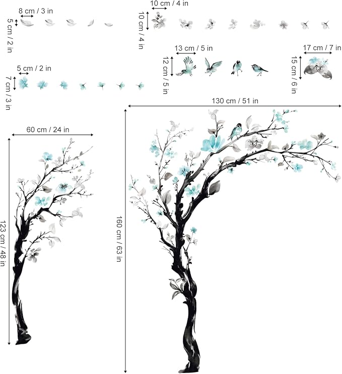 decalmile Blue Flower Tree Blossom Floral Sofa TV Wall Decals Stickers (XL) - Image 5