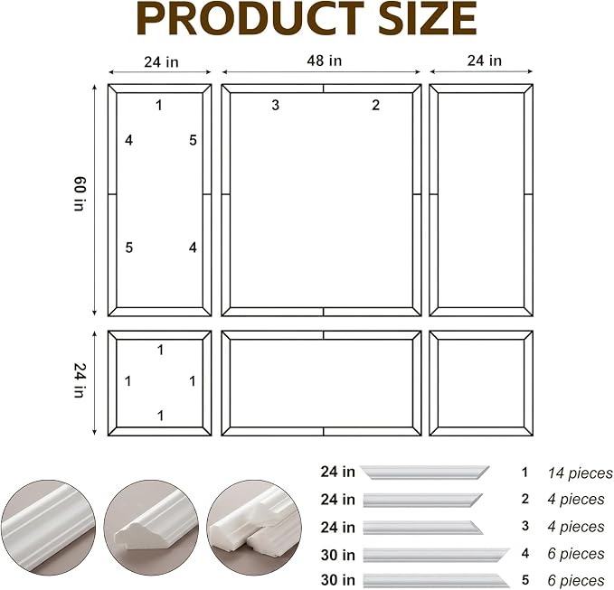 3 Frame Set Peel and Stick Wall Molding Kit,3D Premade Accent Molding, Easy Install Wall Wainscoting & Picture Frame Molding for Living Room, Bedroom, Home Decor(24 x 60in) - Image 2