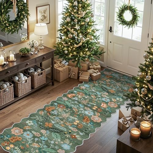 Washable 2x8 Hallway Runner Rug: Water-Resistant Kitchen Rug Soft Bedroom Carpet Non-Slip Indoor Hardwood Floor Mat for Entryway Bathroom Dining Room Boho Decorative Home Decor(2x8, Floral/Green) by HYHAOYUNLAI