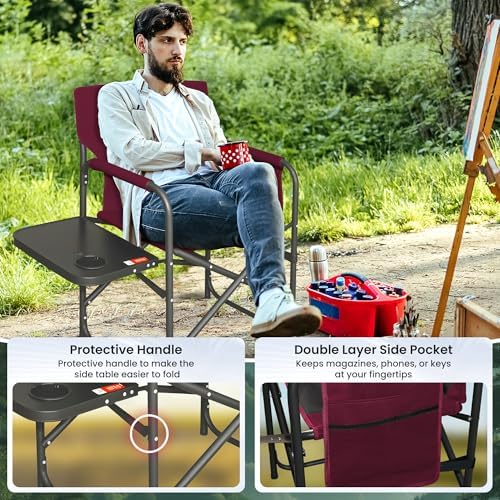 Directors Chair 17.5" Seat Height, Bar Height Folding Chair with Side Table, Foldable Camping Chair with Side Pocket for Makeup Artist, Sports Event, Supports 400LBS - Red - Image 6