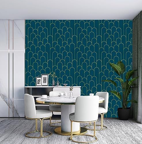 Yasinet Peel and Stick Wallpaper Stripe Removable Blue Contact Paper Blue/Gold Geometric Self Adhesive Decorative for Wall Countertop Cabinet Furniture Vinyl Film 17.3''x393.7'' - Image 5