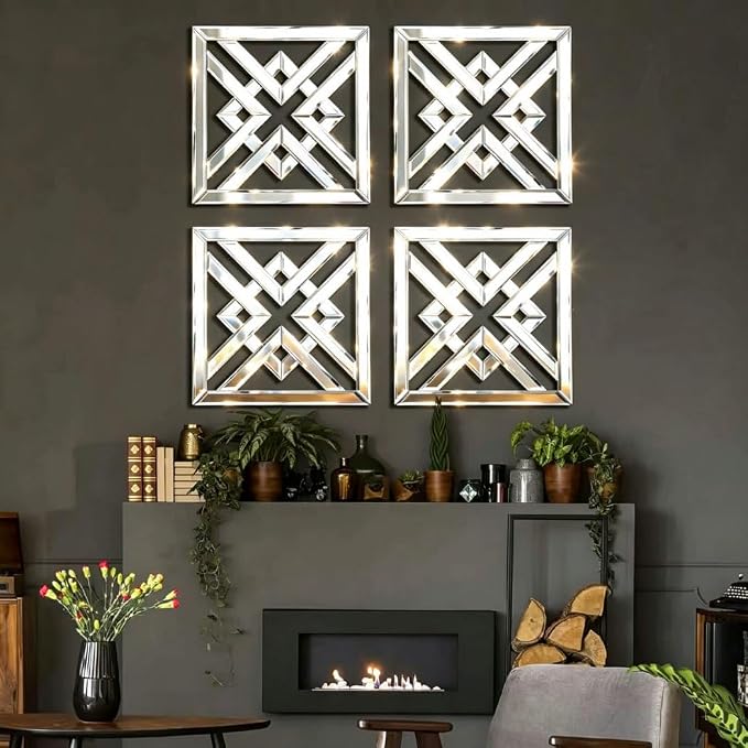 QMDECOR 12x12 Inch Geometric Wall Mirror with Beveled Edge - Modern Silver Decorative Mirror for Living Room, Entryway, Hallway & Bedroom - Durable Black MDF Backing with 3 Hanging Hooks - Image 5