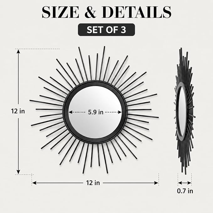 Black Sunburst Mirror Set of 3, 3PCS Metal Round Decorative Wall Mirrors, Starburst Accent Mirror Wall Decor for Living Room, Entryway, Bedroom & Hallway - Image 2