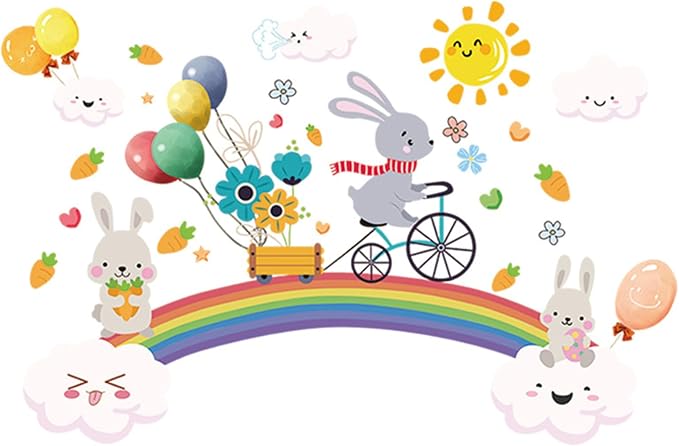 Arawat Rainbow Wall Decals for Girls Bedroom Easter Bunny Wall Murals for Living Room Décor Wall Decor Stickers & Murals 3D Rabbit Wall Art as Decorations - Image 6