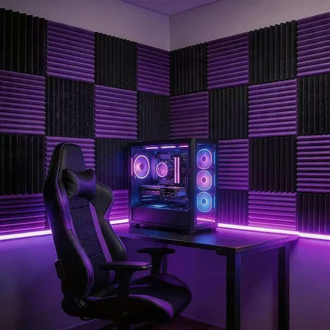 96 Pack Allxinlog Absorb the echo Acoustic Foam Panel Wedge Studio Soundproofing Wall Tiles 12" X 12" X 1" (Accompanied By Double-Sided Adhesive Tape)(48Purple+48Black) - Image 4