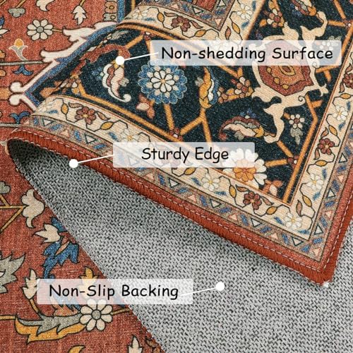 Moynesa Ultra-Thin Washable Oriental Area Rug - 3x5 Non-Slip Laundry Room Rug, Non-Shedding Stain Resistance Low Pile Kitchen Mat Indoor Throw Carpet for Fall Decor Bathroom, Brown/Multi - Image 2