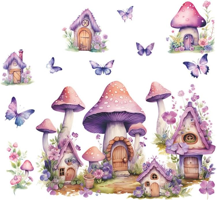 2 Sheets Purple Cartoon Mushroom House Wall Stickers Removable DIY Green Plants and Flower Wall Stickers Viny Purple Butterfly Wall Decal for Girls Home Nursery Bedroom Bathroom Decoration by DRWSSR
