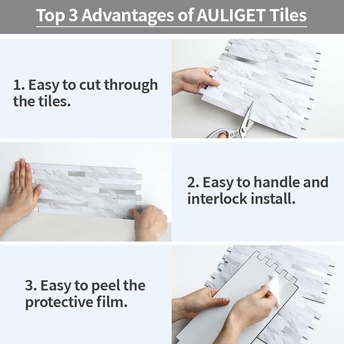 AULIGET Faux White Stone Peel and Stick Backsplash, 2 PVC Mixed Metal Wall Tiles Stick on Backsplash - Image 4