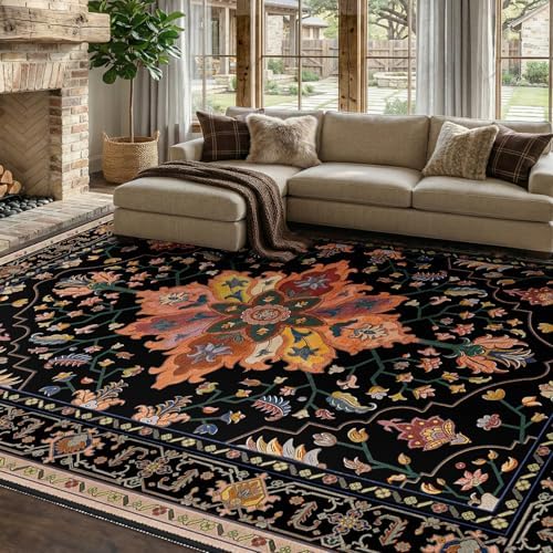 RELEANY Washable Area Rug, 7'x9', Black/Colorful by RELEANY