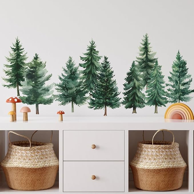 Watercolor Pine Tree Wall Decals Green Pine Tree Wall Sticker Forest Nature Woodland Home Decor for Nursery Bedroom Living Room by CNUSER