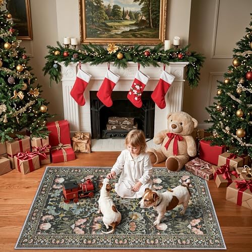 3x5 Living Room Area Rugs: Vintage Washable Non-Slip Rug for Bedroom Dining Room Soft Carpet for Nursery Kitchen Home Office Durable & Easy-Clean Design Perfect for Homes with Cats & Dogs(3x5,Green) by HYHAOYUNLAI