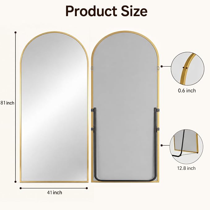 Antok Full Length Mirror, 81"x41" Floor Mirror with Stand, Gold, Arched - Image 7