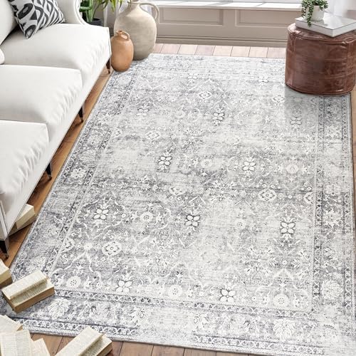 ReaLife Rugs Machine Washable Area Rug - Living Room Bedroom Bathroom Kitchen Entryway Office - Padded Low Pile Stain Resistant Premium - Boho Farmhouse Vintage - Noor - Silver Ivory 7'6" x 9'6" by ReaLifeRugs