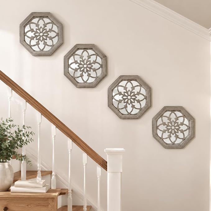 4 Pack 12 Inch Octagon Brown Rustic Wood Frame Acrylic Wall Mirrors, Farmhouse Boho Wall Art Decor for Living Room, Bedroom, Hallway, Entryway, Bathroom & Office - Image 5