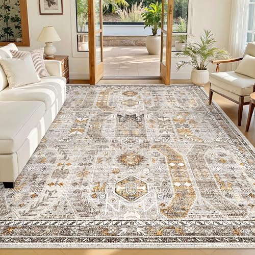 Madane 5x7 Area Rugs for Living Room, Non-Slip Washable Rug, Brown/Gold by Madane