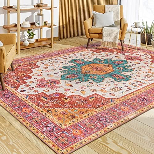 Moynesa Ultra-Thin Pink Area Rug - 9x12 Large Bedroom Rugs for Living Room Non-Slip Non-Shedding Dining Room Mat, Vintage Indoor Floor Carpet for Girls Nursery Playroom Office by Moynesa