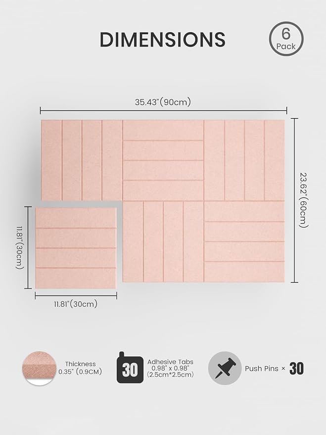Bumusty 36"x 24" Large Felt Bulletin Board Tiles, Pink | 6-Pack Cork Board Alternative, Wall Decor, 30 Pushpins, 30 Adhesive Tabs, Vision Board, Office, Classroom, Home, Dorm - Image 2