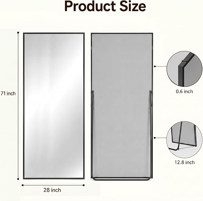 Antok Full Length Mirror, 71"x28" Floor Mirror with Stand, Black, Rect - Image 7