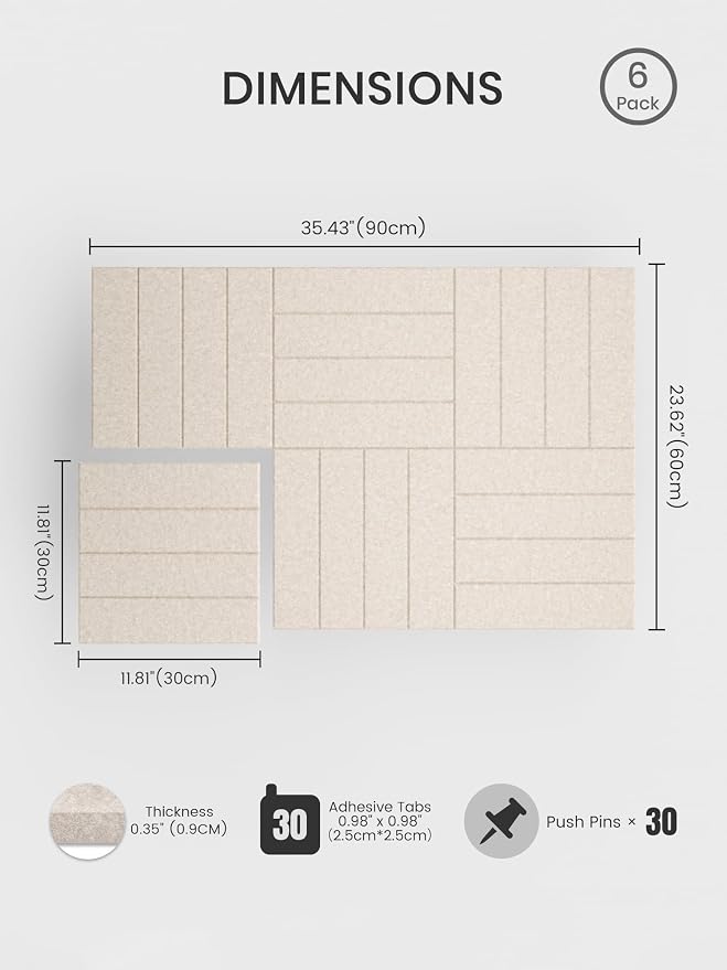 Bumusty 36"x 24" Large Felt Bulletin Board Tiles, Oatmeal | 6-Pack Cork Board Alternative, Wall Decor, 30 Pushpins, 30 Adhesive Tabs, Vision Board, Office, Classroom, Home, Dorm - Image 2