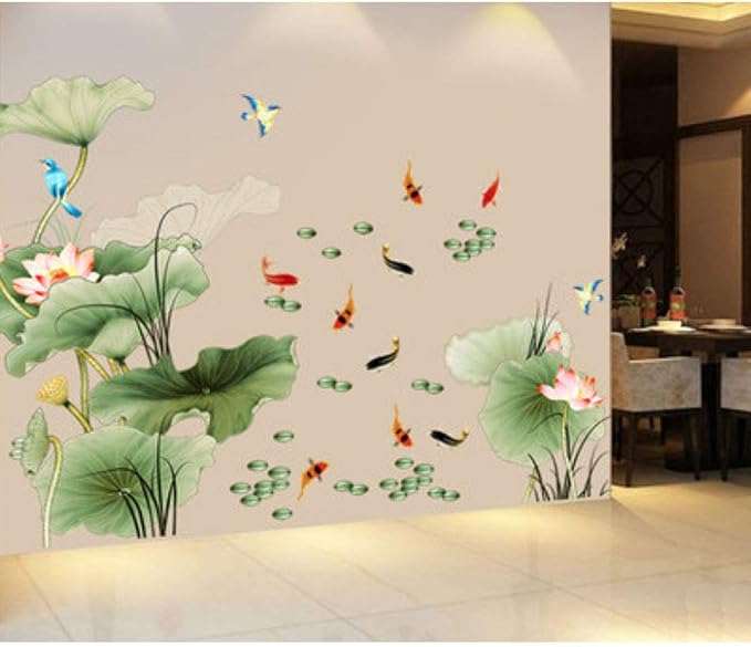 Lotus Flower Bird Fish Wall Decor Decal Sticker,Living Room PVC Mural Decorative Craft Wall Art Decoration Painting Large Removable Chinese Style - Image 7
