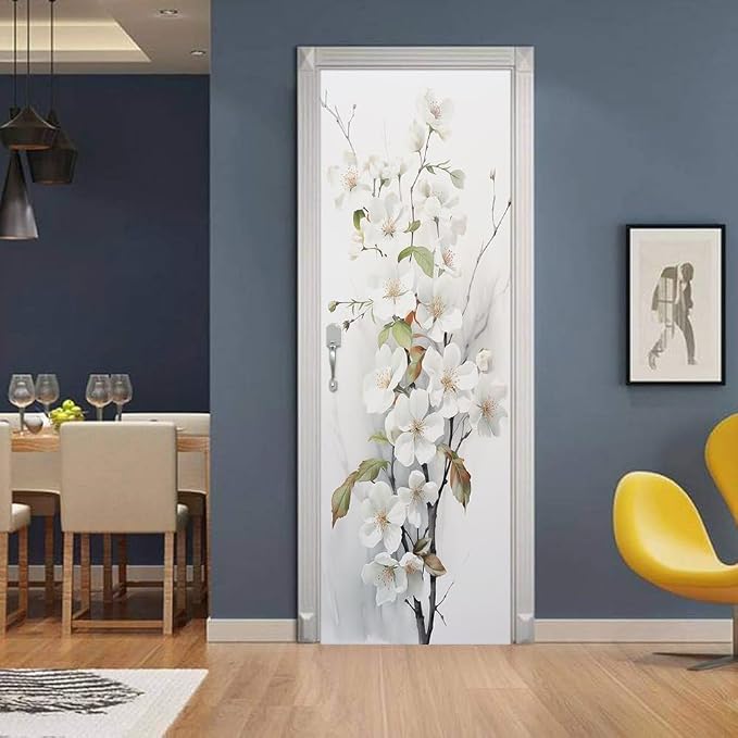 REDAMANCY White Cherry Flowers Tree Peel and Stick Door Vinyl 3D Mural Decals Self-Adhesive, Waterproof, Removable - Image 3