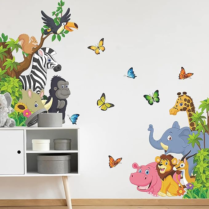 Supzone Cartoon Animal Wall Decal Jungle Animals Wall Stickers Elephant Lion Zebra Butterfly Wall Decor for Kids Baby DIY Vinyl Mural Art for Nursery Bedroom Living Room Playroom - Image 3