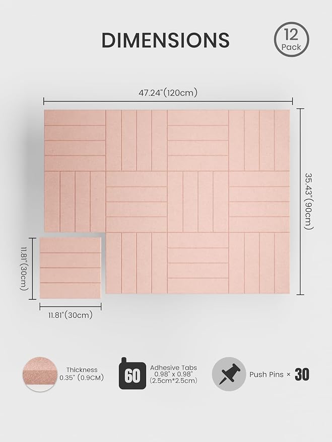 Bumusty 48"x 36" Large Felt Bulletin Board Tiles, Pink | 12-Pack Cork Board Alternative, Wall Decor, 30 Pushpins, 60 Adhesive Tabs, Vision Board, Office, Classroom, Home, Dorm - Image 2
