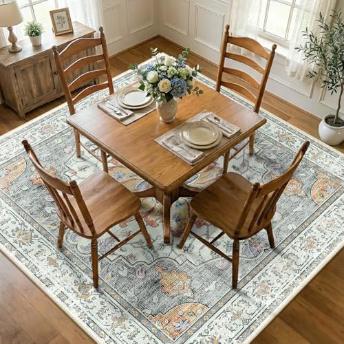 RELEANY Washable Area Rug, Square 7'x7', Beige/Carbon Grey/Orange by RELEANY