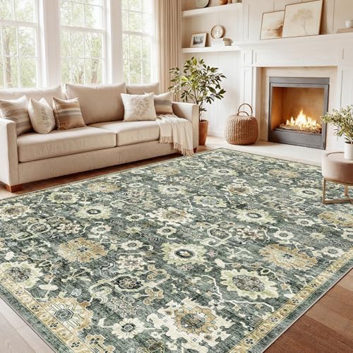 AMADA HOMEFURNISHING 8x10 Washable Area Rug, Low-Profile Large Area Rug with Non-Slip Backing & Durable Edge Binding, Vintage Large Rugs for Living Room, Bedroom, Dinning Room by AMADAHOMEFURNISHING