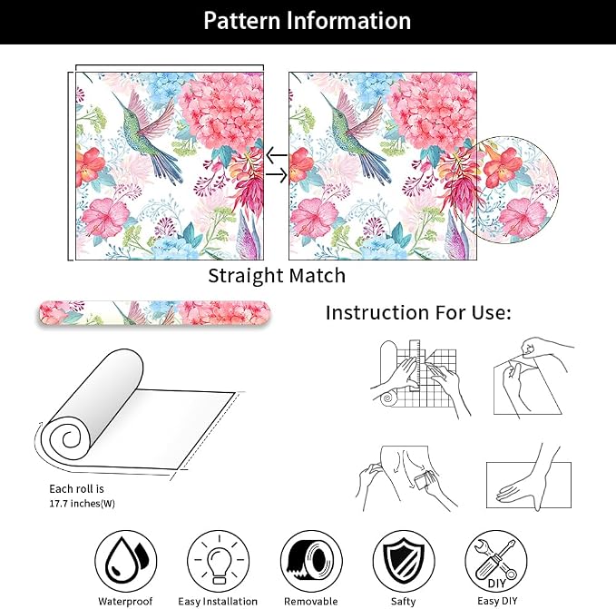 Vintage Pink Hydrangea Floral Hummingbird Birds Flower Peel and Stick Wallpaper Wall Decor Self Adhesive Wall Paper Stick on Easy Peel Off Contact for Renter Apartment - Image 7