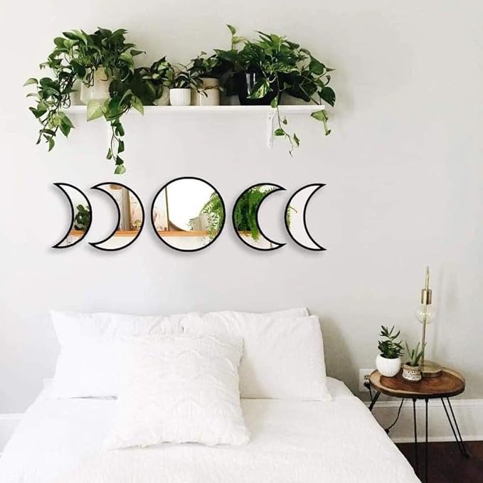 5 Pieces Scandinavian Natural Decor Acrylic Wall Decorative Interior Design Wooden Moon Phase Mirror Bohemian Wall Decoration for Home Living Room Bedroom - Not Real Mirror(Black) - Image 5