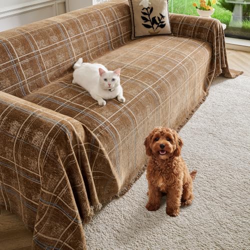 Couch Cover for Dogs Washable Sofa Cover, Sectional Couch Covers, Sofa Covers for 2 Cushion Couch, Non Slip Stripe Sofa Slipcovers Furniture Protector (Brown Checkered 71x102) by Unknown