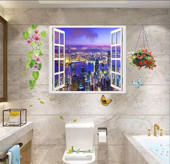 Self-Adhesive Wall Sticker Romantic Living Room Bedroom Study Office Decorative Wall Sticker Ocean Scenery Fake Window Sticker Mural (City Night, 23.6"×35.4") - Image 3