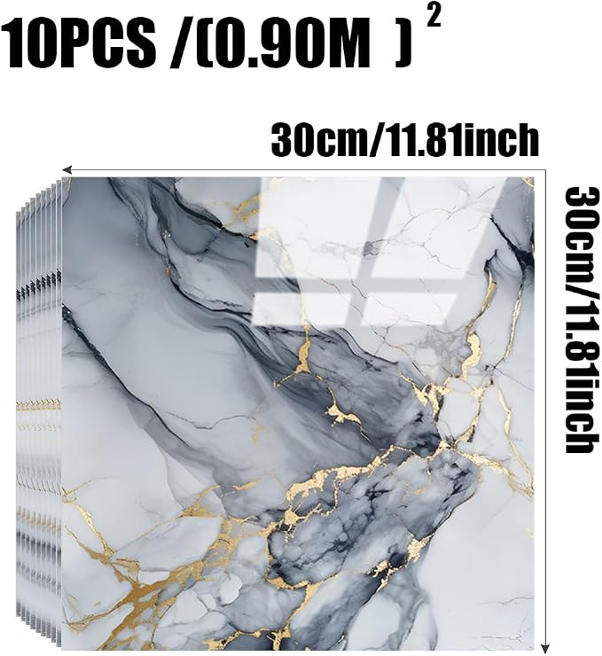 Chejiaye 10pcs Marble Peel and Stick Backsplash Waterproof Washroom Wall Panels, Peel and Stick Tile, PVC Foam Wall Panels for Kitchen,Bathroom,Living Room,Blue and Gold(Not Real Tile,11.8" x 11.8") - Image 4