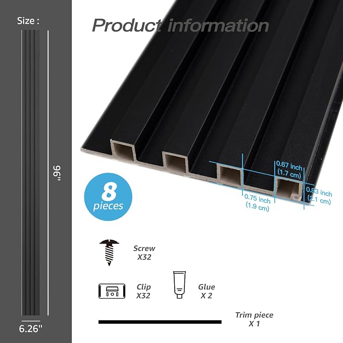 Art3d 96 x 6 Inch WPC Wood Diffuser Slat Wall Panel, 8-Pack, Matte Black | Fluted Design, Durable, Moisture Resistant, Cleanable, Easy to Install, Eco-Friendly, for Living Room, Bedroom or Office - Image 4