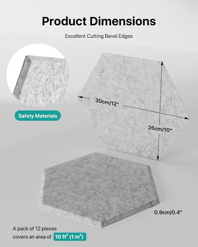 Soundsbay Hexagon Acoustic Panels, Self-Adhesive 18 Pack Sound Panels | 150kg/m³ High-Density Polyester, Covers 15 sq ft Soundproof Wall Panels for Walls, Office, Ceiling 12" X 10" Gray - Image 5