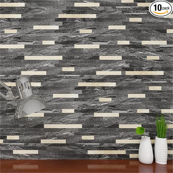 KASARO Peel and Stick Marble Backsplash Tile, 10 Sheets, Black Marble with Vintage Golden Stripes, Self-Adhesive Wall Tile for Kitchen, Bathroom, Fireplace, RV (11.4” x 10.6”) by KASARO